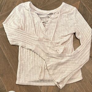 Elegant Beige Lace-Up Ribbed Top